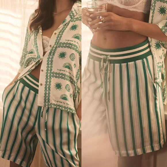 ANTHROPOLOGIE Silky Stripe Bermuda Boxer Shorts in Green Cream  Size M - Picture 1 of 11
